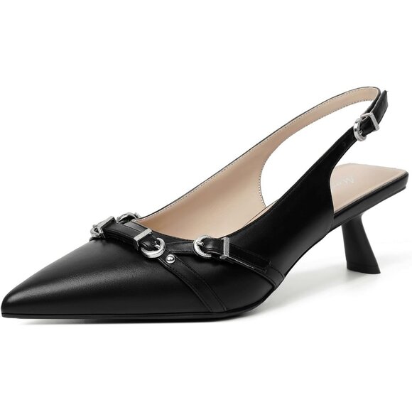 Mostrin Kitten Heels BlackFaux Leather Low Slingback Heels with Buckle - Picture 1 of 9